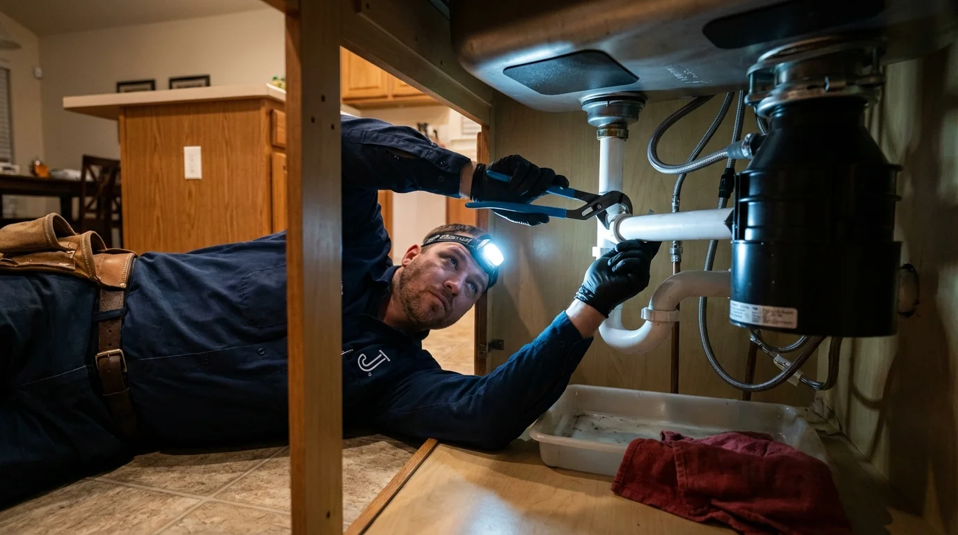 P-trap and supply line connections under a kitchen sink showing a common leak point in Byron, GA